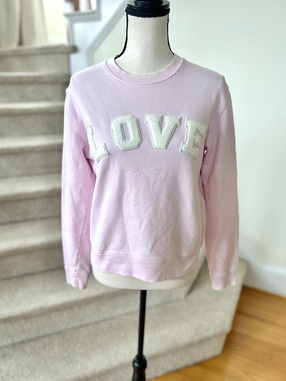 Tory Burch Light Pink Terry Crewneck LOVE Applique Long Sleeve Sweatshirt